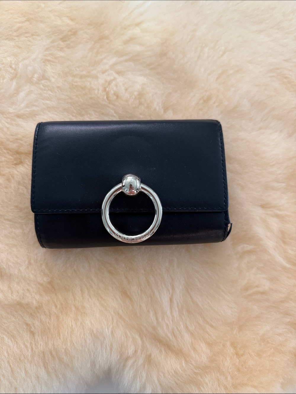 Claudie Pierlot Classic Black Leather Wallet with Silver Ring Accent